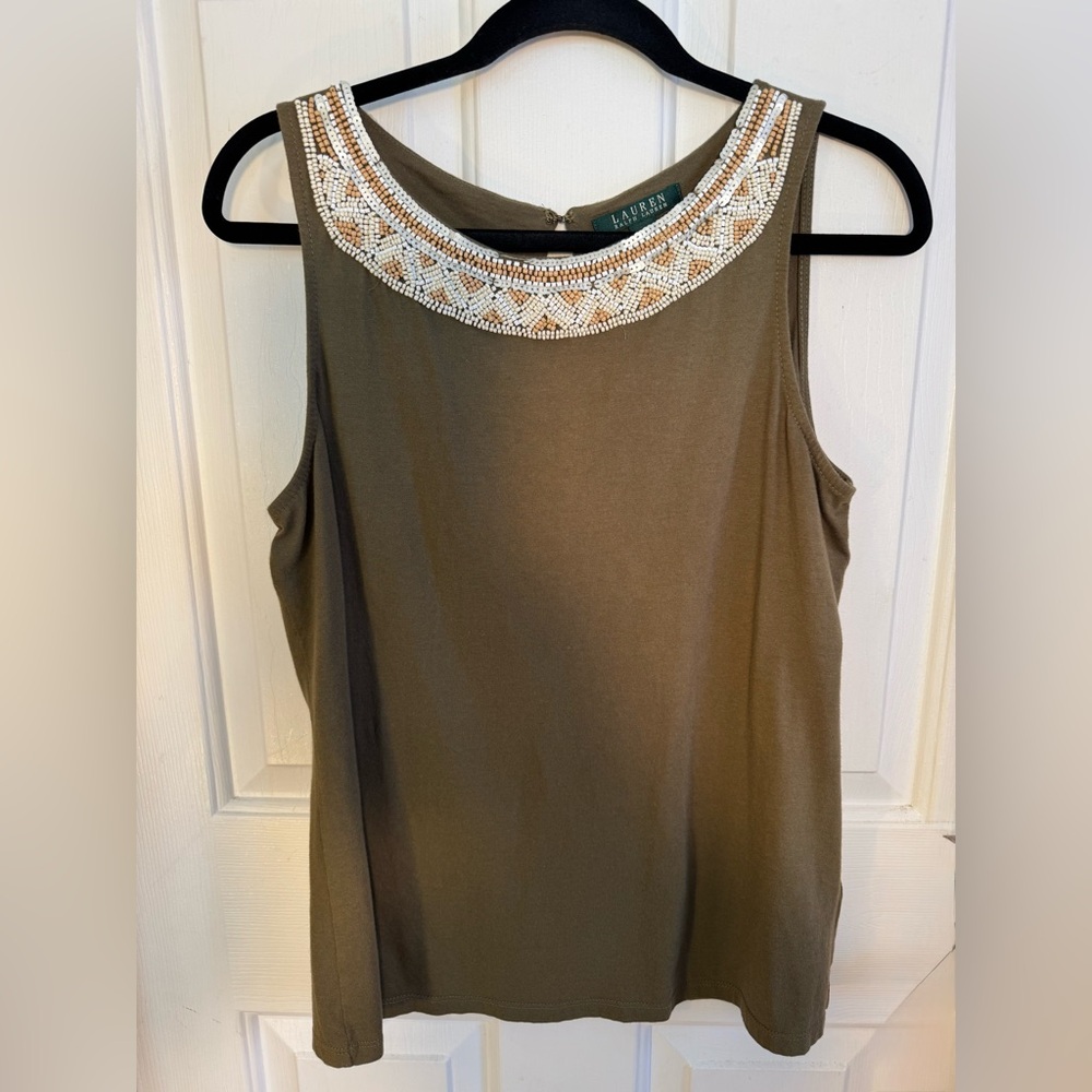 LAUREN RALPH LAUREN Beaded Olive Khaki Green White Sleeveless Top Womens Large